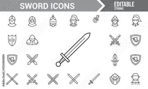 Line Art of Medieval Swords, Helmets, and Knights for Digital and Print Designs