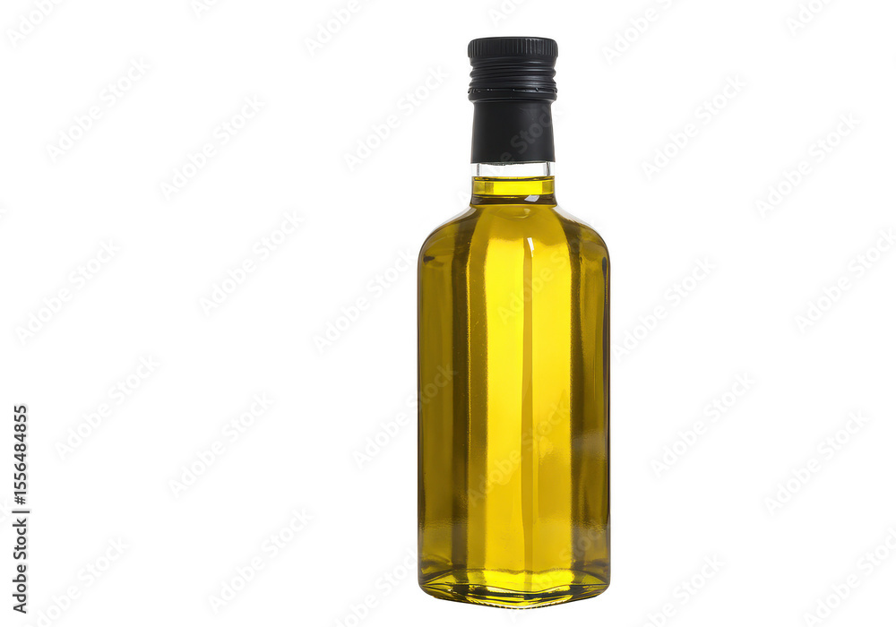 A glass bottle filled with golden liquid and a cap stands against a dark plain environment view on transparent background A glass bottle filled with golden liquid and a cap stands against a dark plain environment view on transparent background