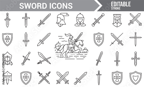 Line Art Collection of Medieval Weapons, Swords, and Knights for Creative Projects