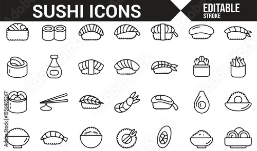 Collection of minimalistic sushi icons for food delivery and restaurant designs