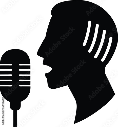 Person singing into microphone side view profile silhouette vector illustration