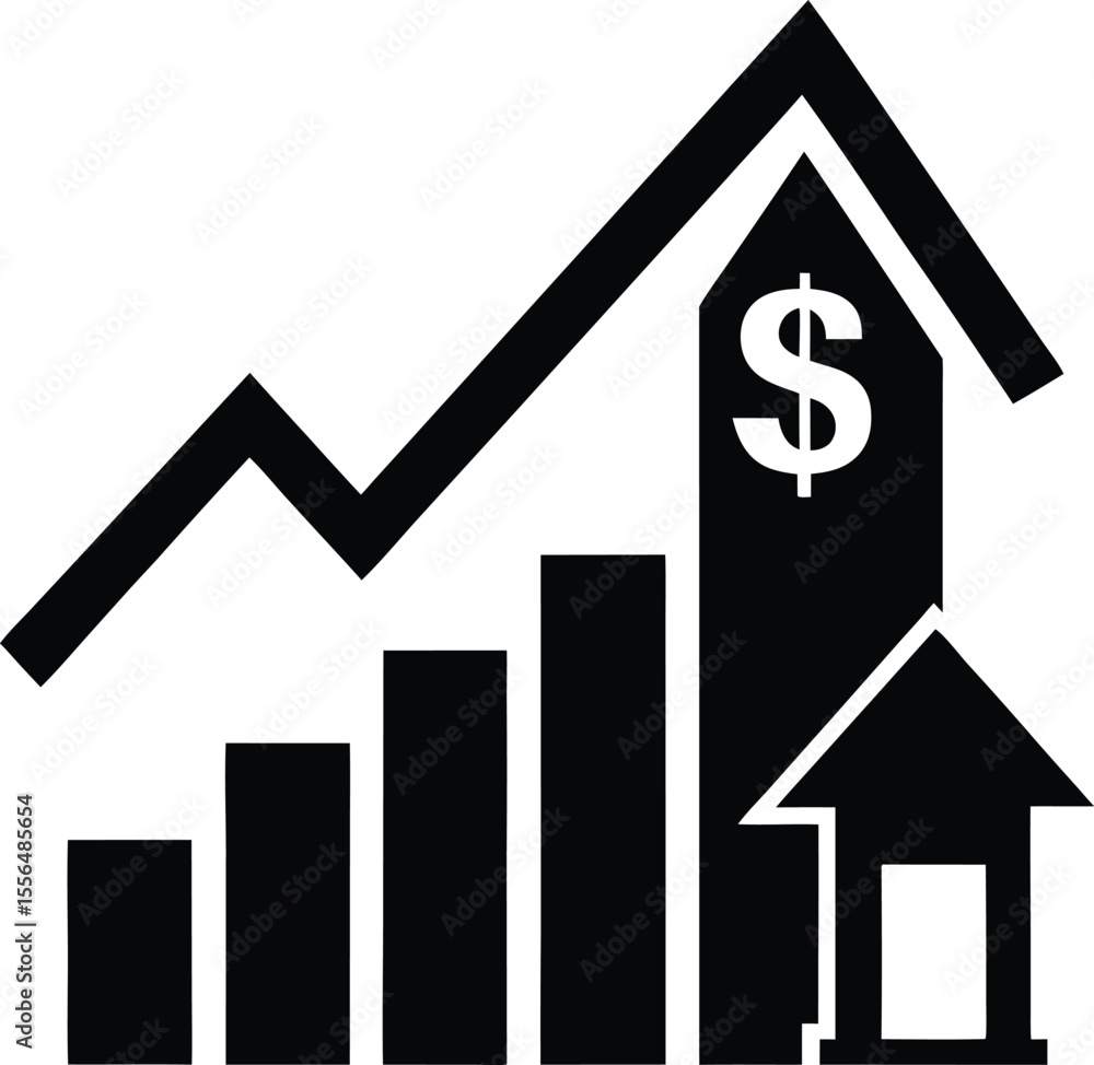 Rising real estate market with dollar sign silhouette vector illustration Rising real estate market with dollar sign silhouette vector illustration