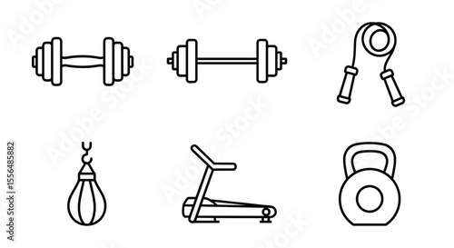 Assortment of fitness equipment including dumbbells kettlebell and punching bag in a row format