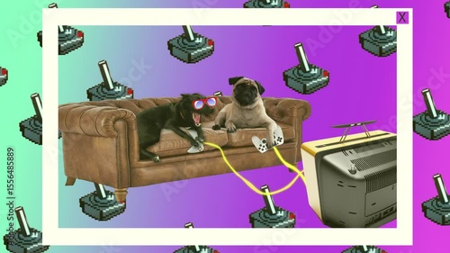 animation of dogs playig videogames