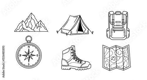 Line drawing of mountain, tent, backpack, compass, boot, and map for outdoor adventure theme items
