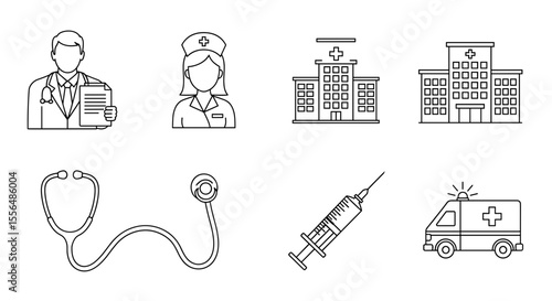 Outlined medical icons showcasing doctor, nurse, hospital, and medical equipment in a clean design