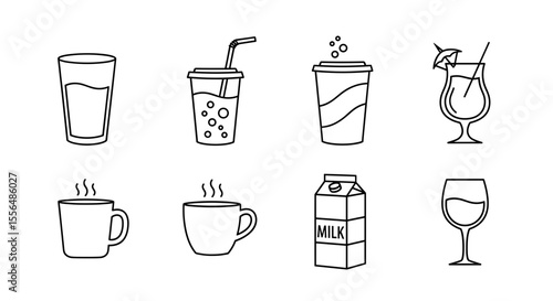 Assortment of outlined drink containers including glass, mug, carton and cup illustrations displayed