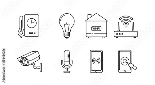 Collection of smart home devices including security camera and wireless router and smart thermostat