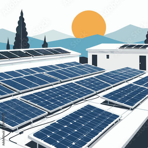 Vector of Solar Power Panels Mounted on House Roof