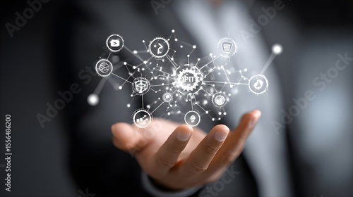 IT Consulting. Businessman holds digital consulting network connecting icon representing IT solutions, focusing on innovation, strategy, optimization, growth, and technology-driven success	