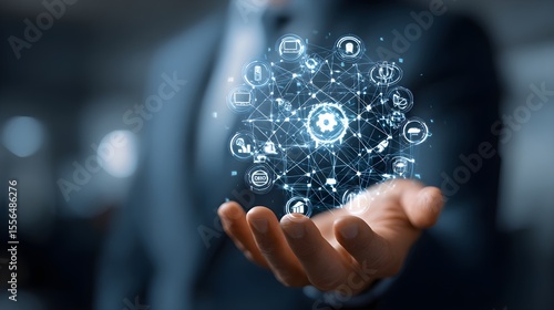 IT Consulting. Businessman holds digital consulting network connecting icon representing IT solutions, focusing on innovation, strategy, optimization, growth, and technology-driven success	