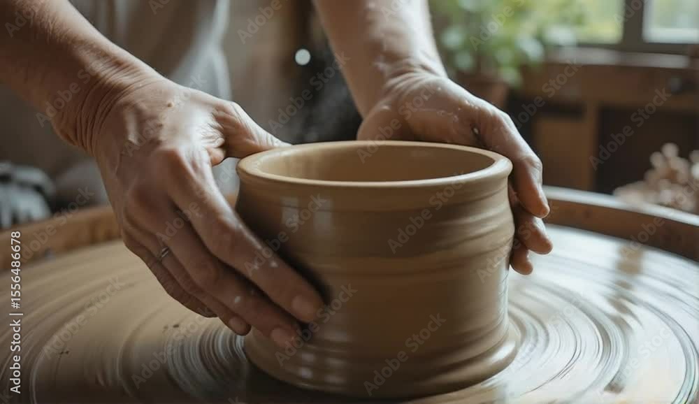 Hands shaping pottery on spinning wheel in ceramic workshop Hands shaping pottery on spinning wheel in ceramic workshop