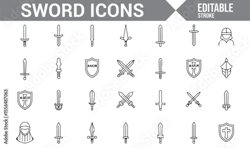Minimalistic sword and shield icons representing warriors, armor, and defense