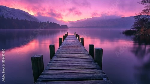 Purple Sunrise over Calm Lake and Wooden Dock