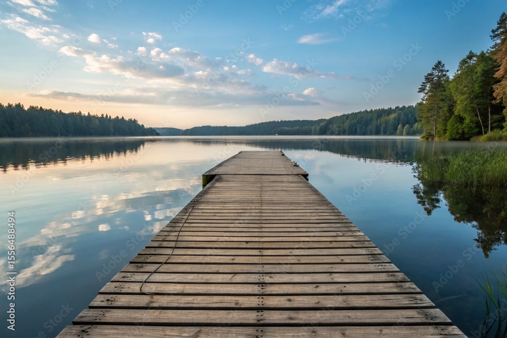 Obraz premium Reflections on Calm Water from a Wooden Dock