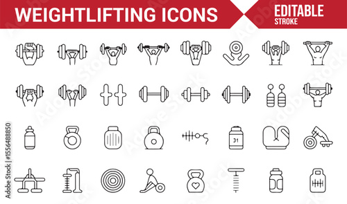 Set of weightlifting icons depicting barbells, dumbbells, kettlebells, and lifting actions