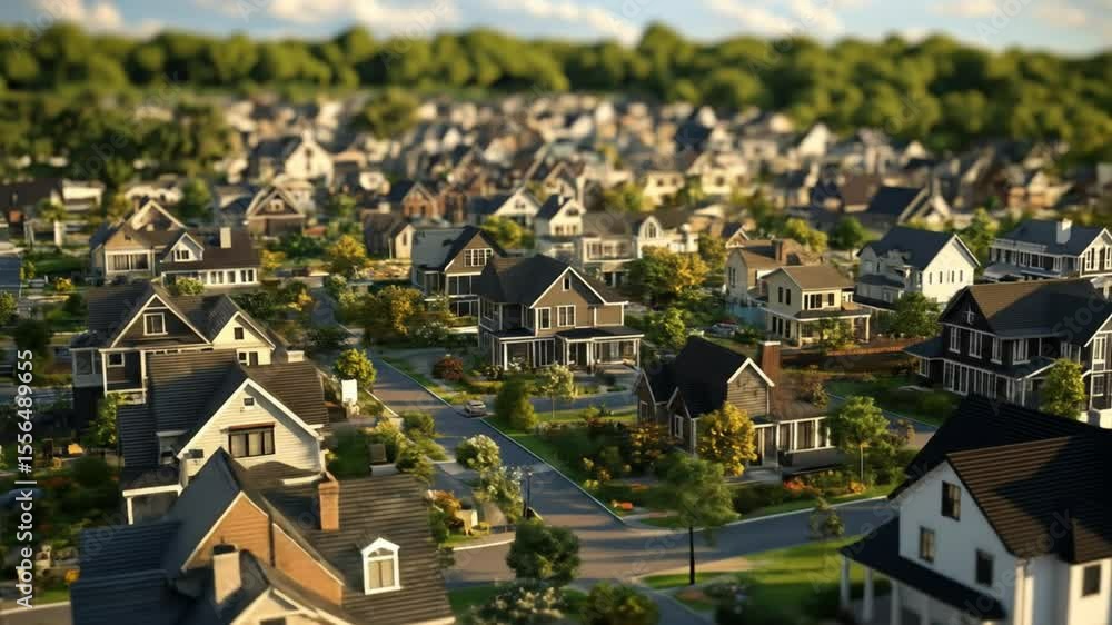 Suburban neighborhood, many houses, trees, and roads Suburban neighborhood, many houses, trees, and roads