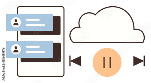 Mobile messaging app with blue chat bubbles, cloud icon connected to media player buttons for streaming control. Ideal for technology, communication, media, entertainment, collaboration, networking