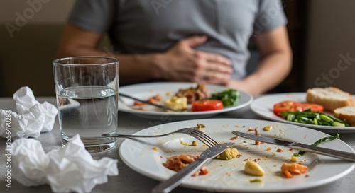 Man with Stomach Ache After Eating Leftover Food on Plates