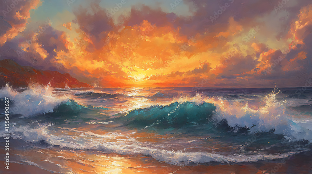 Fototapeta premium sunset on the beach with water waves 