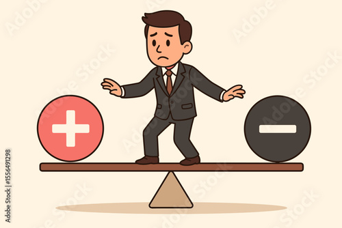 Businessman balancing pros and cons on seesaw, decision making, positive and negative choices, risk management, cartoon vector, psychological balance, mental health, corporate dilemma