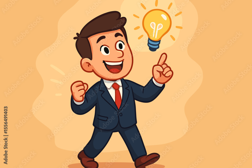 Happy businessman having a creative idea. Excited cartoon character pointing at a lightbulb. Concept of innovation, business solution, startup success and project development. Vector. Happy businessman having a creative idea. Excited cartoon character pointing at a lightbulb. Concept of innovation, business solution, startup success and project development. Vector.