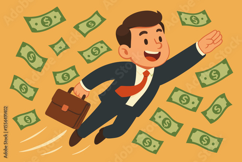 Successful businessman flying through a shower of money. Financial success, wealth, and prosperity concept. A cartoon hero character celebrating profit, investment, and career growth.