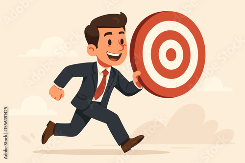 Businessman running with a large target, a metaphor for achieving business goals. Ambitious cartoon character in pursuit of success. Concept of focus, strategy, and mission.