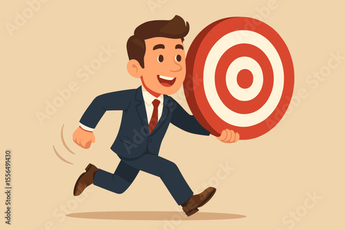 Businessman running with a large target. Concept of business goal setting, mission, and achievement. Metaphor for strategy, ambition, motivation, and success. Vector cartoon illustration.