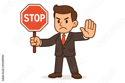 Angry businessman holding a red stop sign and showing a halt gesture with his hand. Concept of refusal, denial, and disagreement. Prohibition, warning, and boundary limit vector illustration.