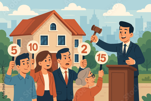 Real estate auction competition. Bidders holding numbered paddles vying for property purchase. Auctioneer with gavel. Buying and selling homes. Investment, bidding, market, cartoon vector illustration