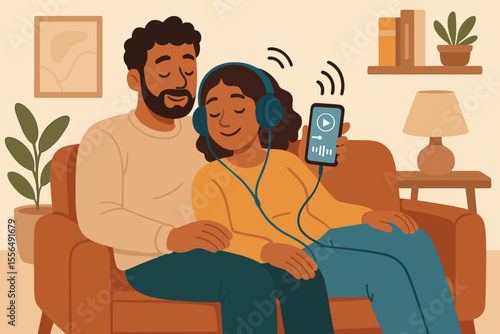 Happy couple relaxing together at home on cozy sofa, listening to music or podcasts with headphones connected to smartphone, modern digital lifestyle, leisure activity, living room interior
