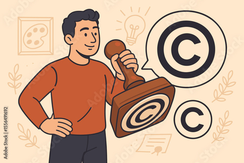 Copyright protection concept, man holding copyright stamp, intellectual property rights, legal protection for artists, creative ownership, patent law, vector cartoon illustration