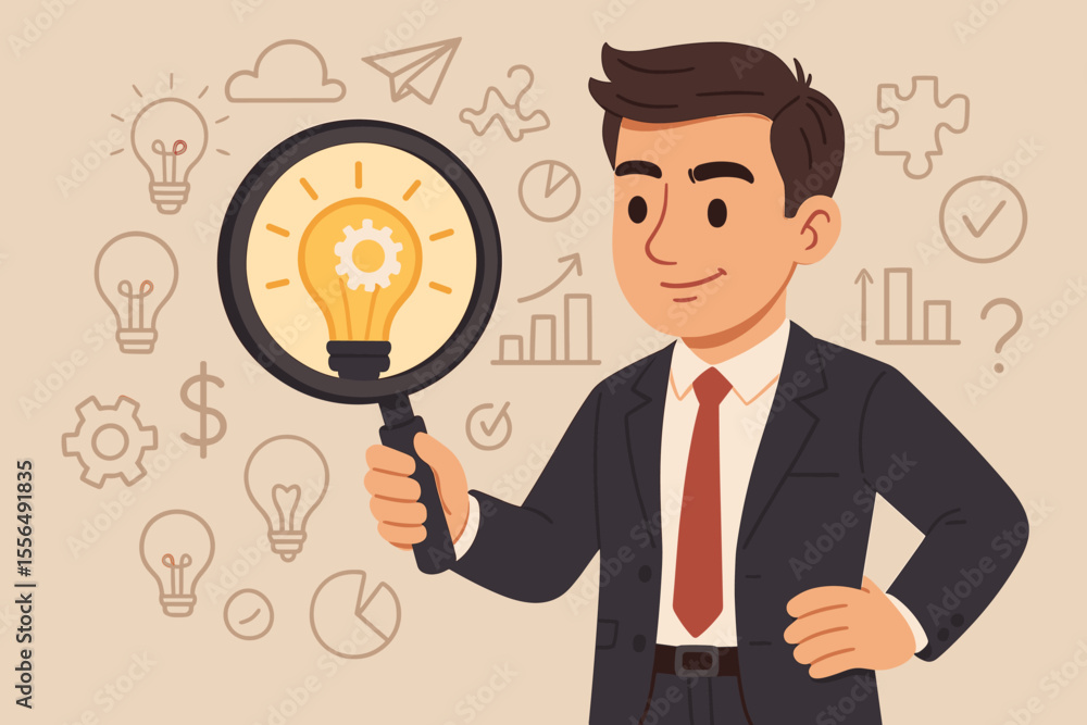 Businessman Analyzing Innovative Ideas with Magnifying Glass. Creative Solution Search. Concept of Business Strategy, Problem Solving, Brainstorming, Innovation, Success, Growth. Vector Illustration Businessman Analyzing Innovative Ideas with Magnifying Glass. Creative Solution Search. Concept of Business Strategy, Problem Solving, Brainstorming, Innovation, Success, Growth. Vector Illustration