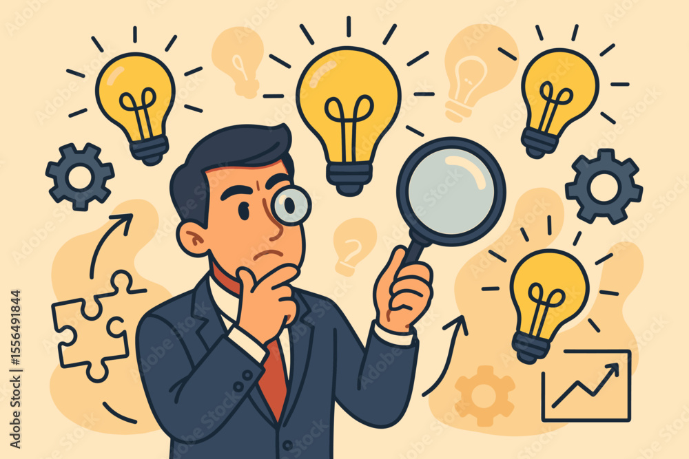 Businessman Analyzing Creative Solutions and Innovative Ideas with Magnifying Glass. Problem Solving, Brainstorming, Strategy, Growth Concept. Vector Illustration. Light Bulb Inspiration. Businessman Analyzing Creative Solutions and Innovative Ideas with Magnifying Glass. Problem Solving, Brainstorming, Strategy, Growth Concept. Vector Illustration. Light Bulb Inspiration.