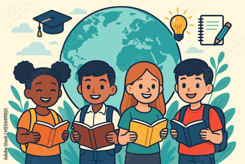 Diverse Children Reading Books Global Education Concept. Cartoon Vector Illustration of Multicultural Students Learning, Knowledge, Back to School, Academic Growth, Innovation, Worldwide Literacy