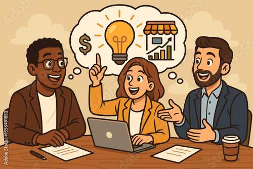 Diverse entrepreneurs brainstorming innovative online business ideas for financial growth and startup success, teamwork collaboration, creative planning, vector cartoon office illustration