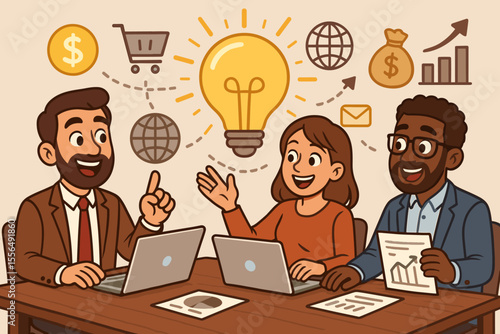 Diverse team brainstorming innovative online business ideas for financial growth. Cartoon entrepreneurs collaborating with laptops, discussing e-commerce, global strategy, profit, investment, success