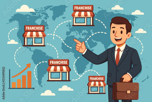 Global Franchise Expansion Business Concept. Cartoon Vector Illustration of Businessman with Briefcase, Franchise Stores Worldwide, Growth Chart, International Marketing, Investment Strategy