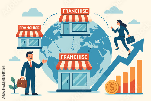 Global Franchise Expansion Business Growth Strategy. Vector illustration of business people, franchising network, international opportunities, rising profits, market development, investment success