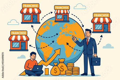 Global Franchise Expansion Concept with Business Growth Strategies, Worldwide Franchise Network, Investment Opportunities, Money Growth, and Entrepreneurial Success Vector Illustration