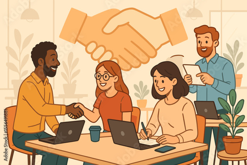Diverse entrepreneurs and freelancers collaborating in modern coworking space, teamwork handshake partnership, business meeting, creative workspace, laptops, office plants, vector illustration