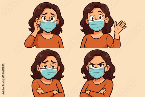 Cartoon woman in orange shirt using hand gestures, showing different emotions and body language, vector illustration for communication, expressions, feelings, nonverbal cues, female character set