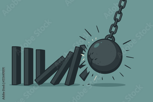 Wrecking Ball Smashing Falling Dominoes Chain Reaction. Business Crisis, Financial Risk, Instability, Collapse, Destruction, Problem Solving, Failure Concept. Vector Cartoon Illustration