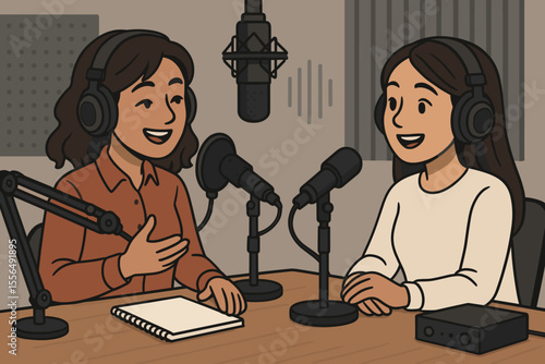 Female podcaster interviewing guest in professional recording studio. Podcast discussion with microphones, headphones, audio equipment, soundproofing. Vector cartoon illustration for media, broadcast.