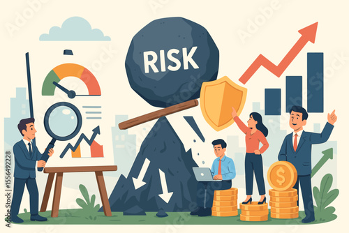 Financial Risk Assessment and Management Concept. Investment Analysis, Mitigation Strategies, Business Growth, Data Chart, Money Protection, Teamwork, Economic Success. Vector Illustration