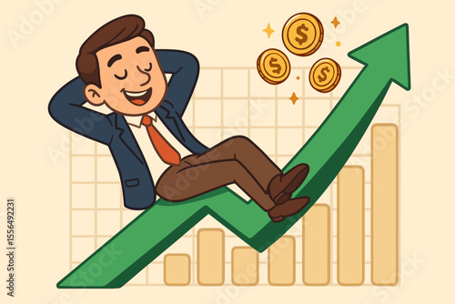 Relaxed investor riding upward profit arrow, financial success, business growth, wealth, cartoon businessman, increasing revenue, money coins, stock market, investment returns vector illustration