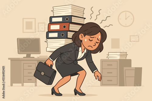 Stressed businesswoman overwhelmed by heavy workload, carrying large stack of folders and documents in office. Overwork, burnout, job stress concept. Corporate stress, pressure, fatigue illustration