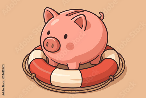 Piggy bank on lifebuoy vector illustration. Financial security, savings protection, money safety, investment insurance, banking risk management, cartoon concept, emergency fund, finance metaphor