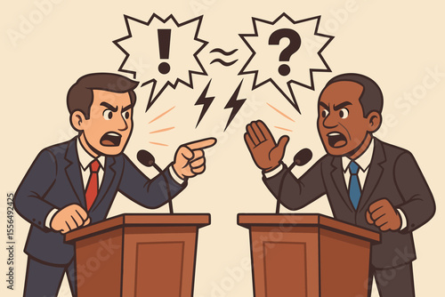 Political debate vector illustration. Two politicians argue at podiums, animated discussion, conflict of opinions, public speaking, disagreement, election campaign, democracy, government concept